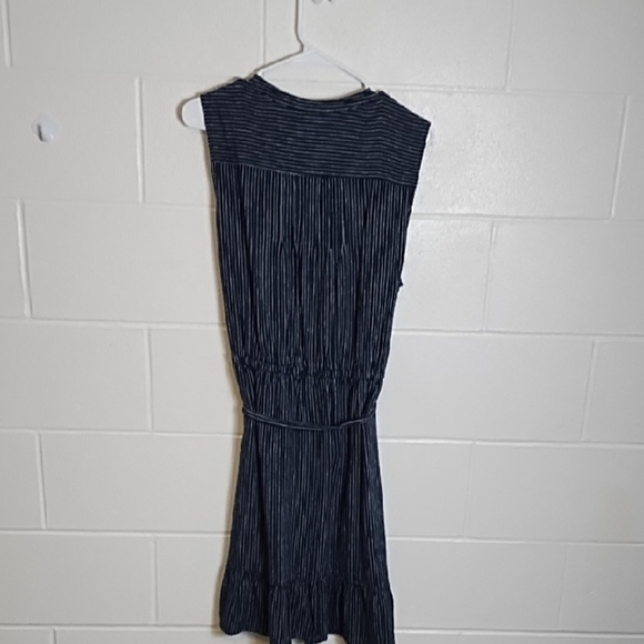 Navy & White Stripe Linen Blend Button Down Shirt Dress Ruffle Hem Knee Length - Picture 3 of 14